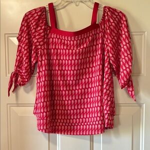 XS Cato Red & Ivory Paisley On/Off the Shoulder Tie-Sleeve Layered Blouse